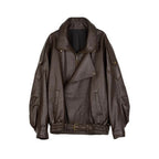 Women’s oversized dark brown leather bomber jacket, zip front, ribbed cuffs