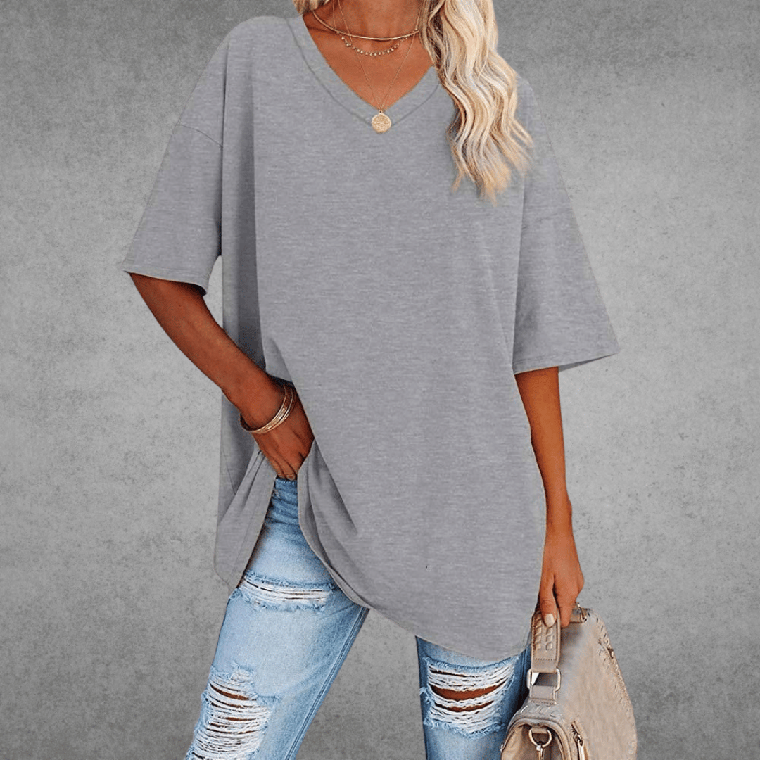 Women’s oversized V-neck T-shirt, heather gray; loose fit short sleeves with front knot style.