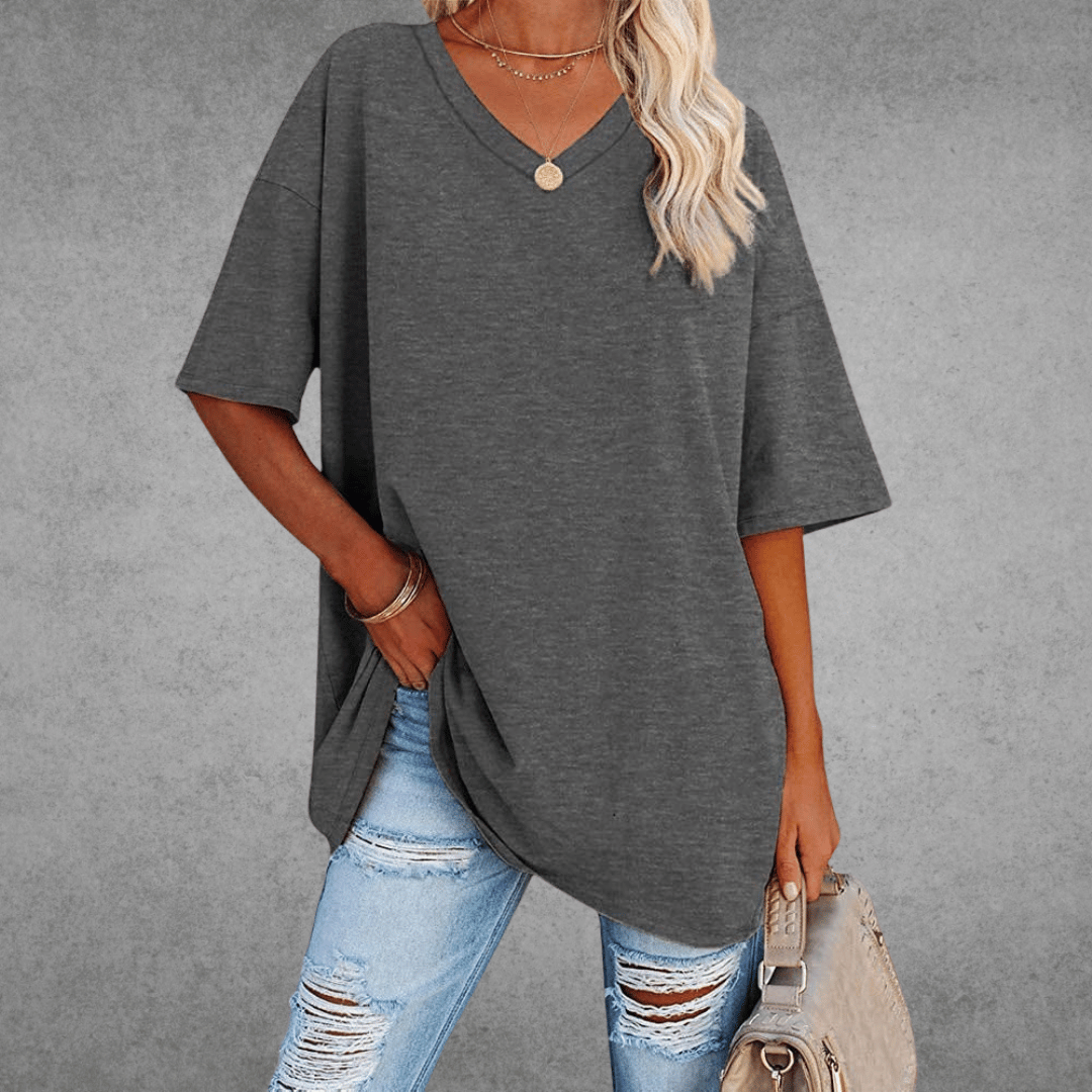 Women’s oversized V-neck T-shirt, dark gray; loose fit short sleeves with draped front hem.