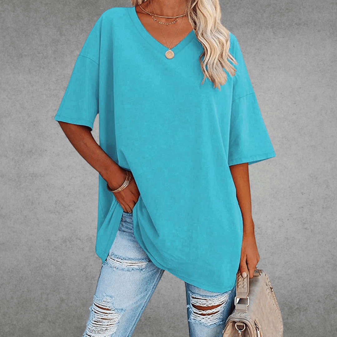 Women’s oversized V-neck T-shirt in teal with short sleeves and relaxed fit