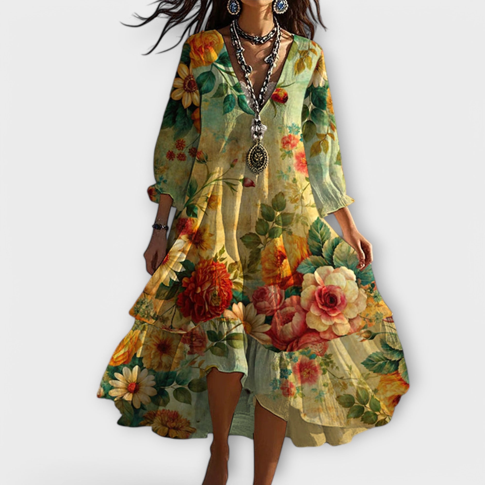 Floral maxi dress V-neck with three-quarter sleeves; green base with large red roses detail