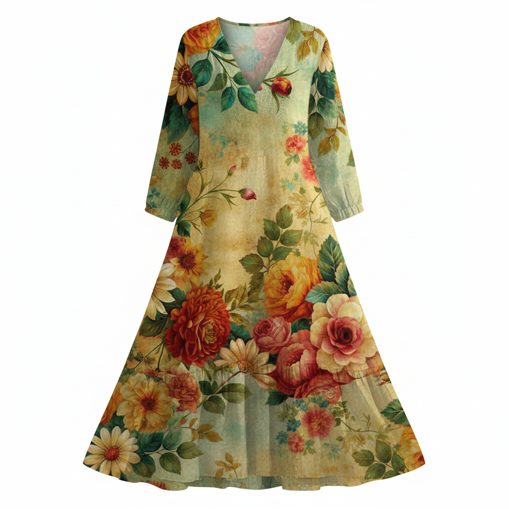 Floral maxi dress, V-neck, three-quarter sleeves; green base with red and yellow roses