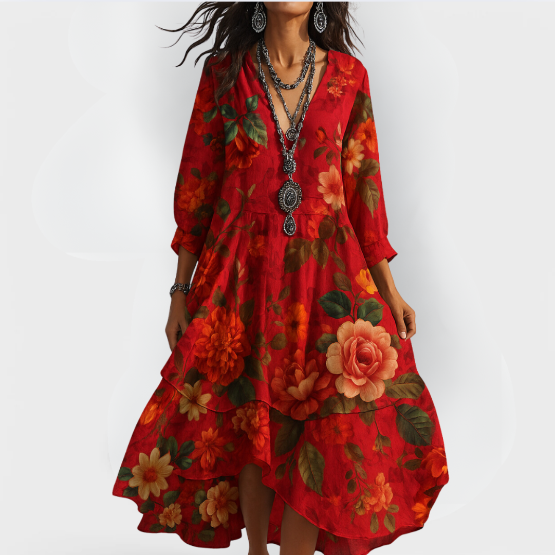 Floral maxi dress V-neck with three-quarter sleeves; red base with large beige and red blooms