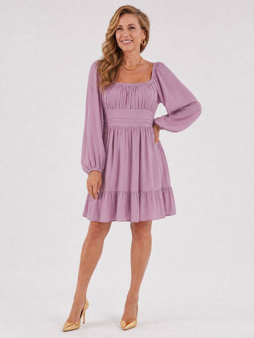 Lilac pink long-sleeve tiered dress with ruched square neckline and ruffle hem