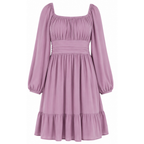 Lilac pink long-sleeve dress with ruched square yoke, elastic cuffs, and tiered hem