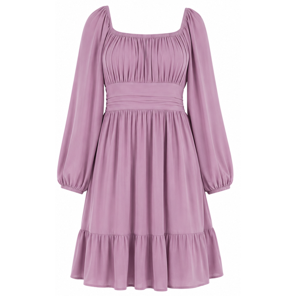 Lilac pink long-sleeve dress with ruched square yoke, elastic cuffs, and tiered hem