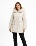 Women’s hooded winter parka in light white, faux-fur collar, front zip, cinched waist