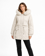 Women’s hooded winter parka in light white, faux-fur collar, front zip, cinched waist