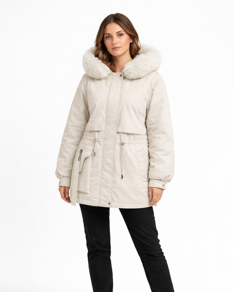 Women’s hooded winter parka in light white, faux-fur collar, front zip, cinched waist