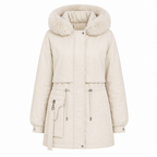 Women's winter parka, fur-trim hood, concealed zip, adjustable drawstring waist