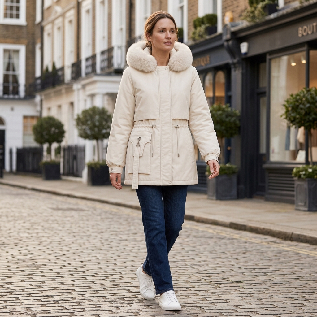 Women's fur-trim hood winter parka with drawstring waist and front pockets