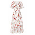 Floral wrap midi dress, V-neck with short puff sleeves and adjustable belt tie, ruffled hem