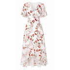 Floral wrap midi dress, V-neck with short puff sleeves and adjustable belt tie, ruffled hem