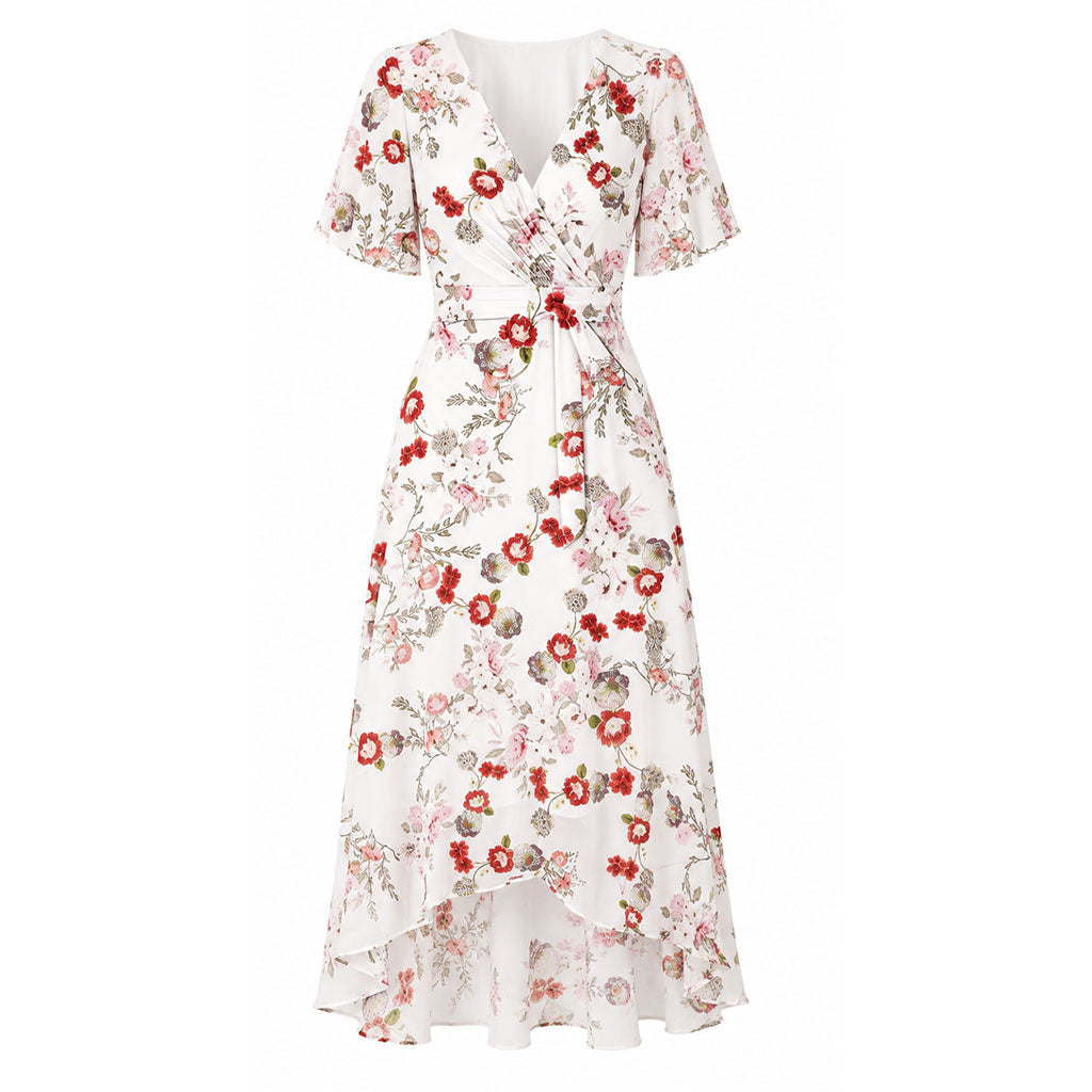 Floral wrap midi dress, V-neck with short puff sleeves and adjustable belt tie, ruffled hem
