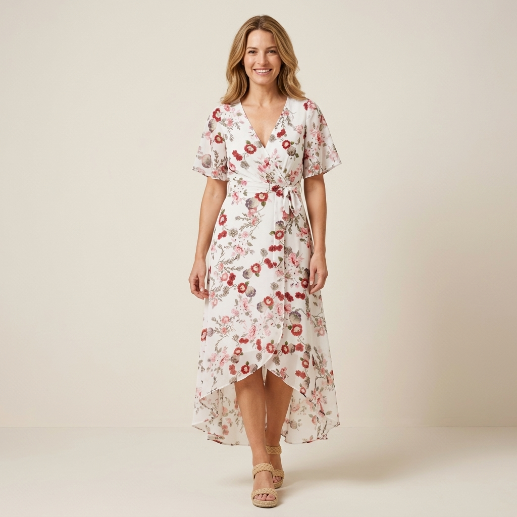 White floral wrap v-neck midi dress with short sleeves and asymmetrical hem