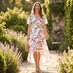 Floral wrap midi dress with V-neck, puff sleeves, and adjustable belt tie, A-line hem