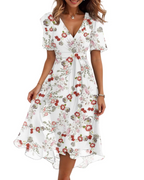 White rose-print V-neck wrap midi dress with short flutter sleeves and tied waist belt