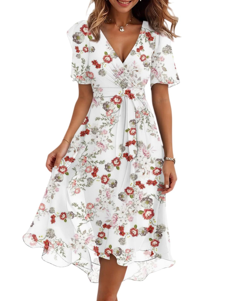 White rose-print V-neck wrap midi dress with short flutter sleeves and tied waist belt