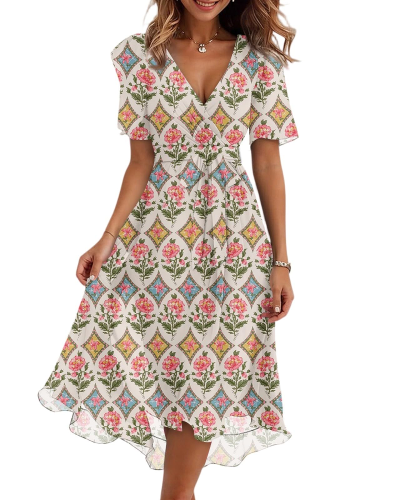 Women's floral midi wrap dress with V-neck and adjustable belt, white with red rose and green leaf print