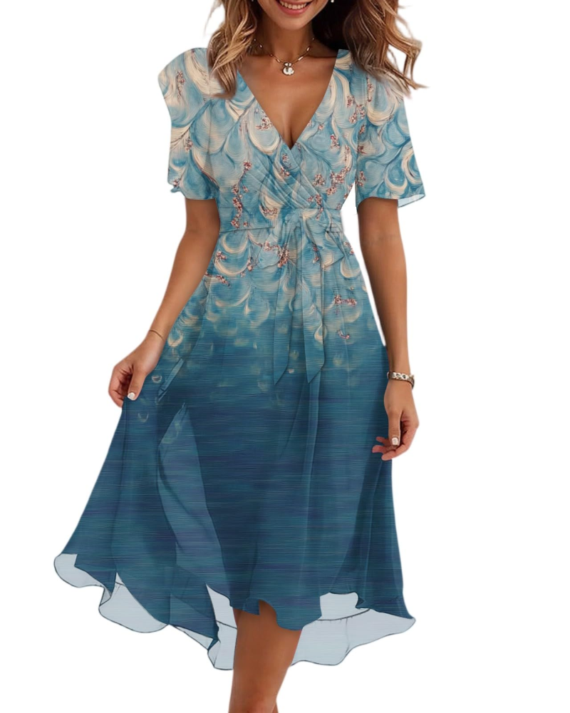 Women's floral midi wrap dress with V-neck and adjustable belt, light blue to teal abstract pattern
