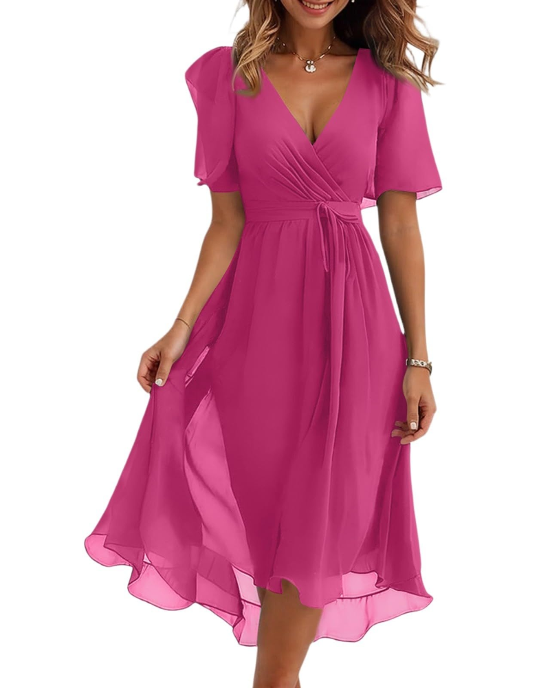 Magenta V-neck wrap midi dress with short flutter sleeves and tied waist belt