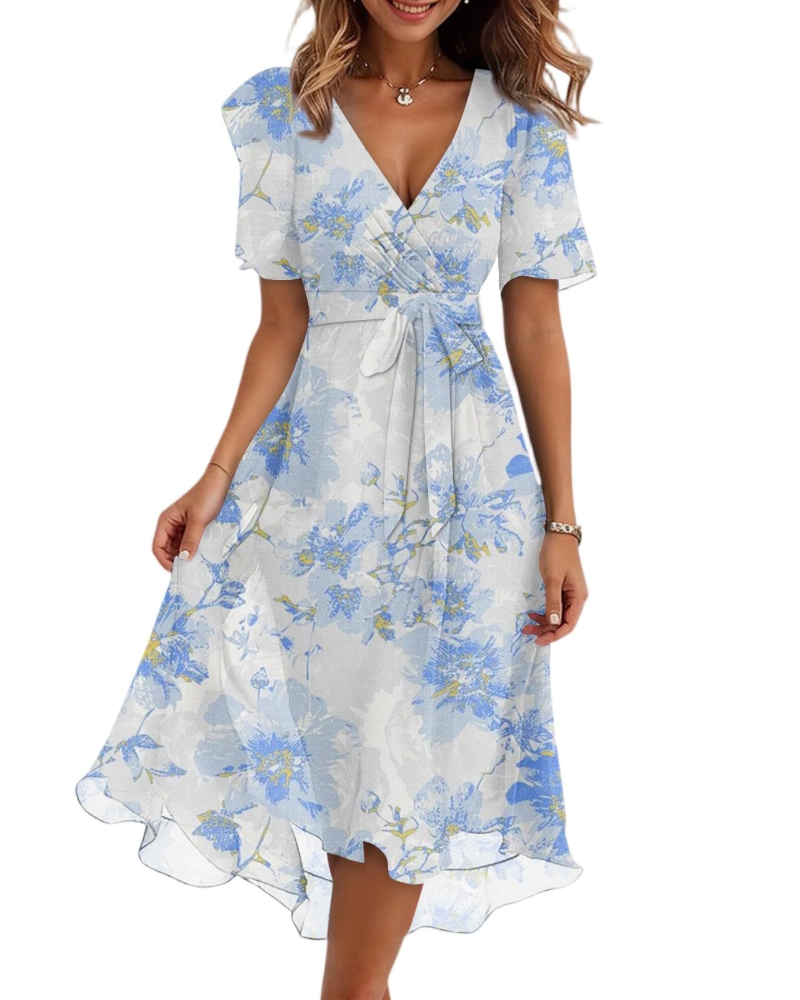 Light blue floral V-neck wrap midi dress with short flutter sleeves and tied waist belt