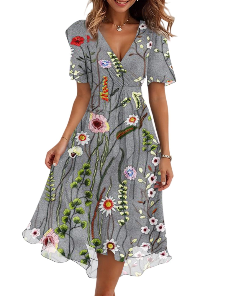 Grey floral V-neck wrap midi dress with short flutter sleeves and tied waist belt