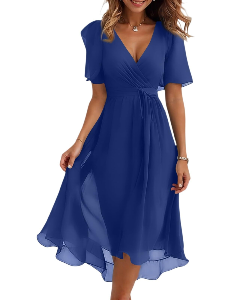 Royal blue V-neck wrap midi dress with short flutter sleeves and tied waist belt