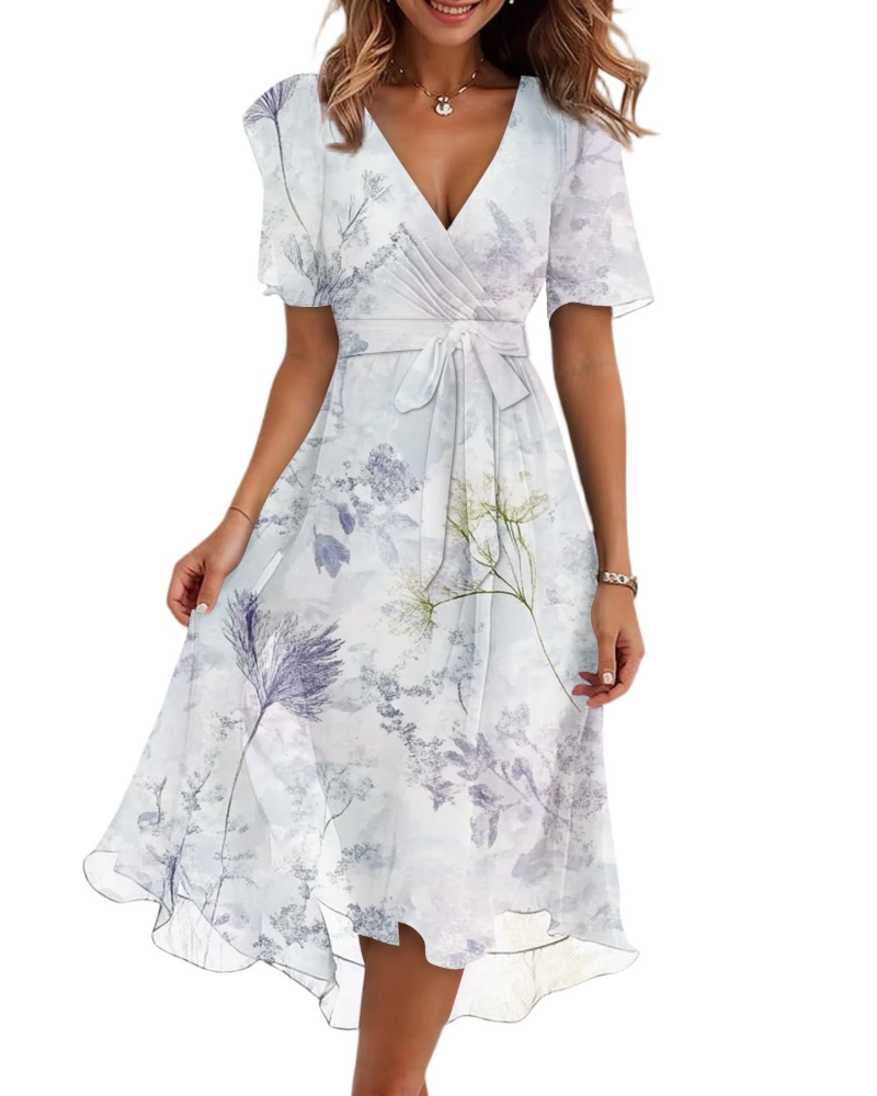 Women's floral midi wrap dress with V-neck and adjustable belt, light blue watercolor print