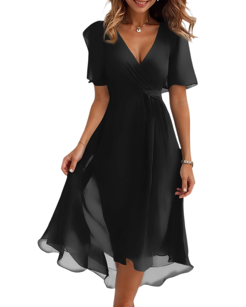 Women's midi wrap dress with V-neck and adjustable belt, short-sleeve black chiffon-style drape