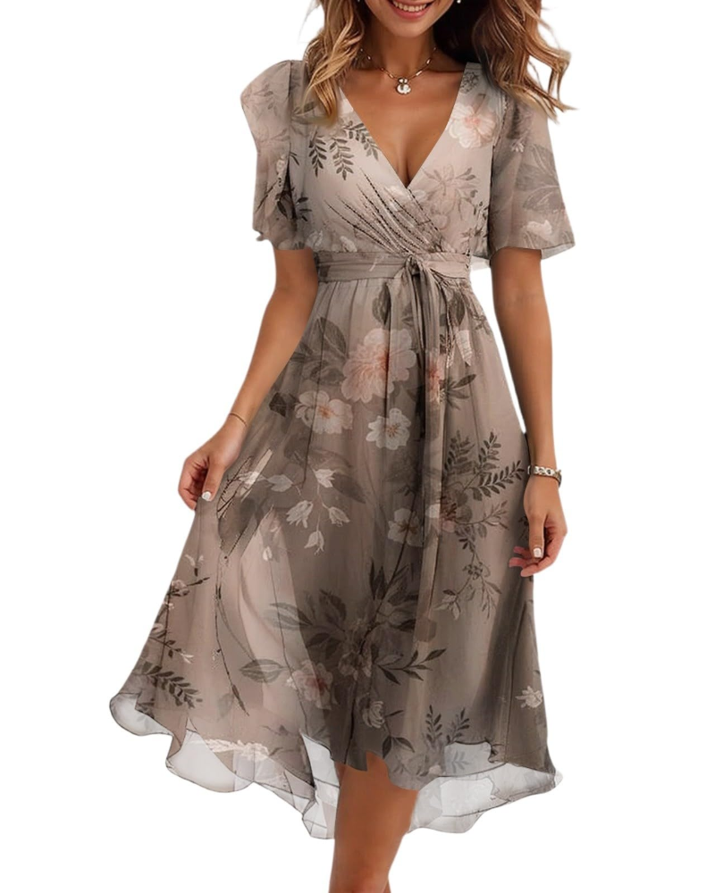 Women's floral midi wrap dress with V-neck and adjustable belt, taupe and blush botanical print