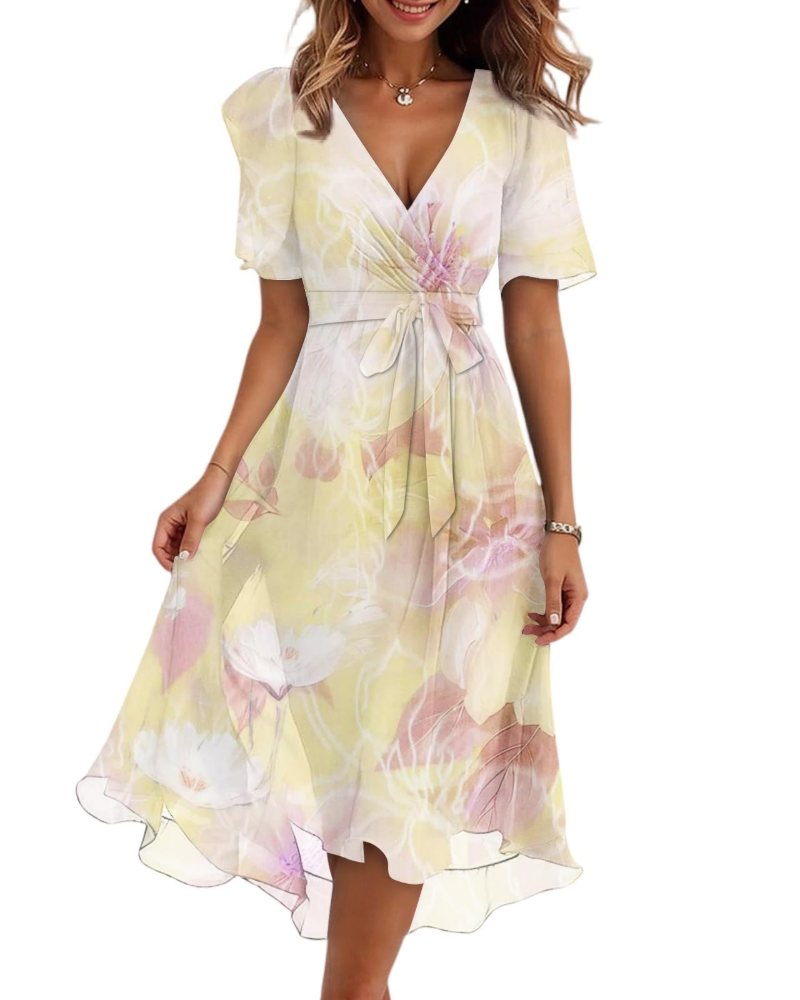 Women's floral midi wrap dress with V-neck and adjustable belt, pastel yellow and white floral