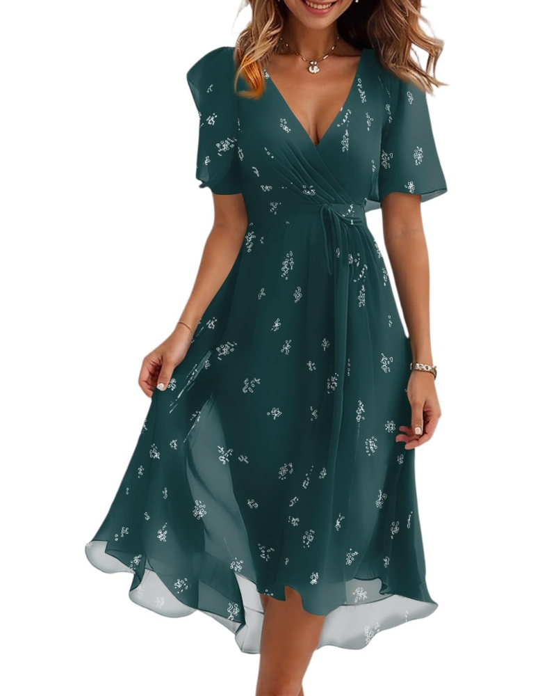 Women's floral midi wrap dress with V-neck and adjustable belt, dark teal with small white ditsy flowers