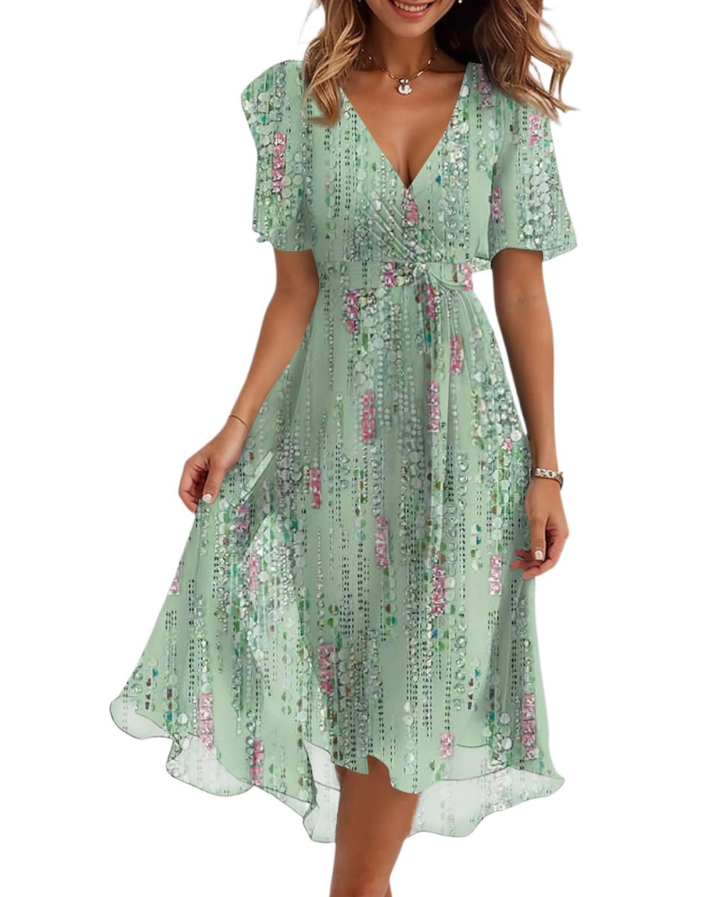Women's floral midi wrap dress with V-neck and adjustable belt, mint green with pink and teal blooms