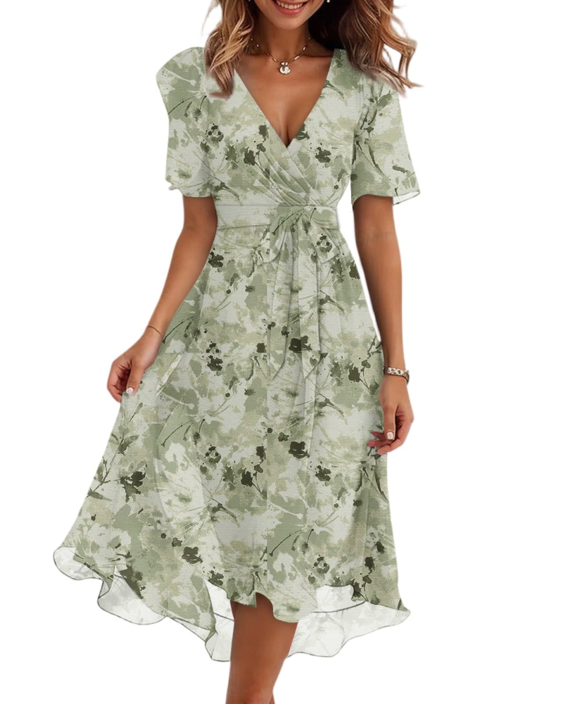 Women's floral midi wrap dress with V-neck and adjustable belt, sage green botanical print