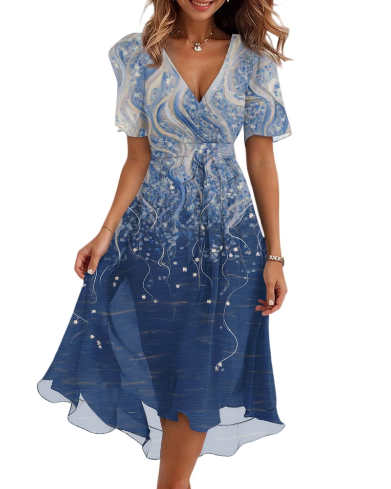 Women's floral midi wrap dress with V-neck and adjustable belt, blue abstract scroll pattern