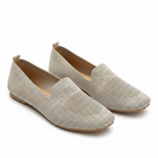 Beige perforated knit slip-on loafer flats with V-cut vamp and flat sole