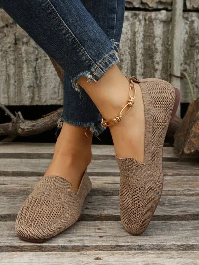 Khaki perforated knit slip-on loafer flats with low flat sole