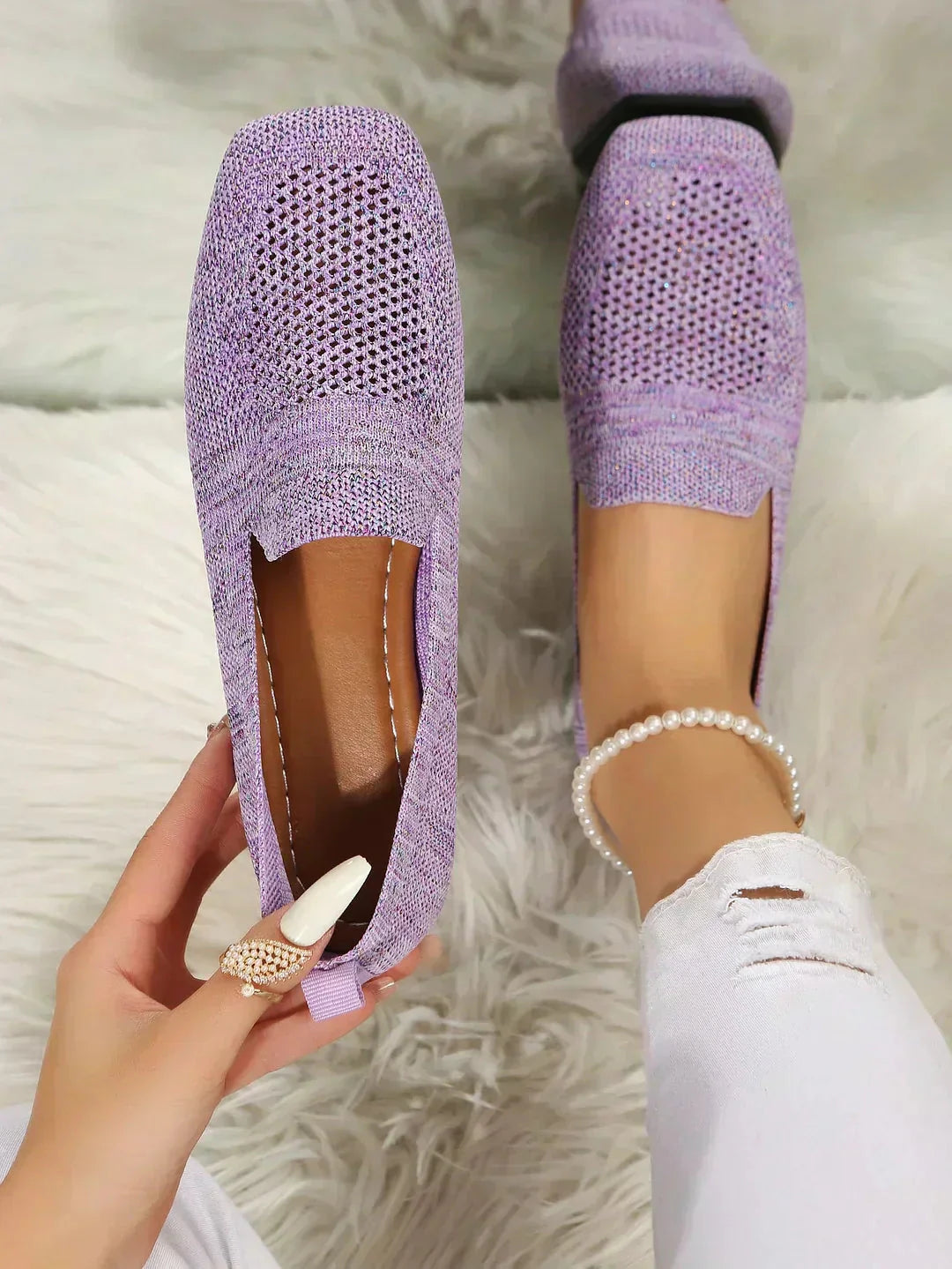 Purple perforated knit slip-on loafer flats with low flat sole