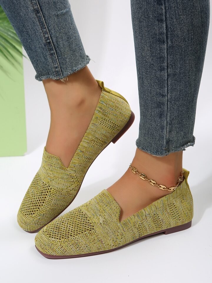 Green perforated knit slip-on loafer flats with low flat sole