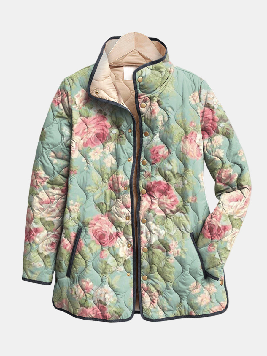 Retro quilted floral jacket, mint and pink tones, front zipper with snap buttons