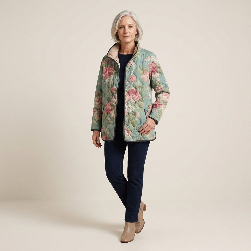 Women's floral quilted jacket in green with pink rose print, zip front.