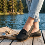 Women’s extra wide slip-on loafers in dark suede with stitched moc toe and low heel