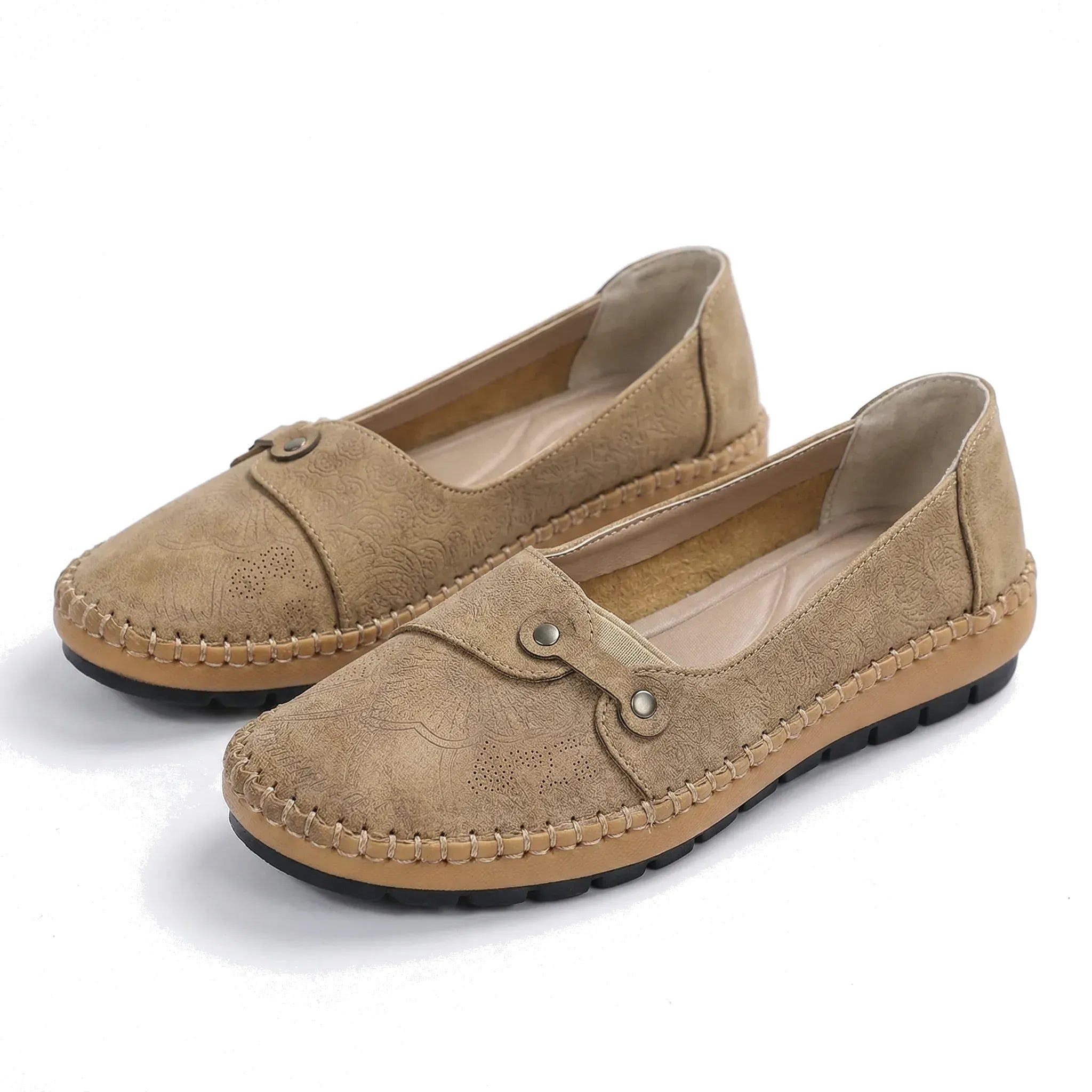 Khaki suede loafers with moc stitching and dual eye strap