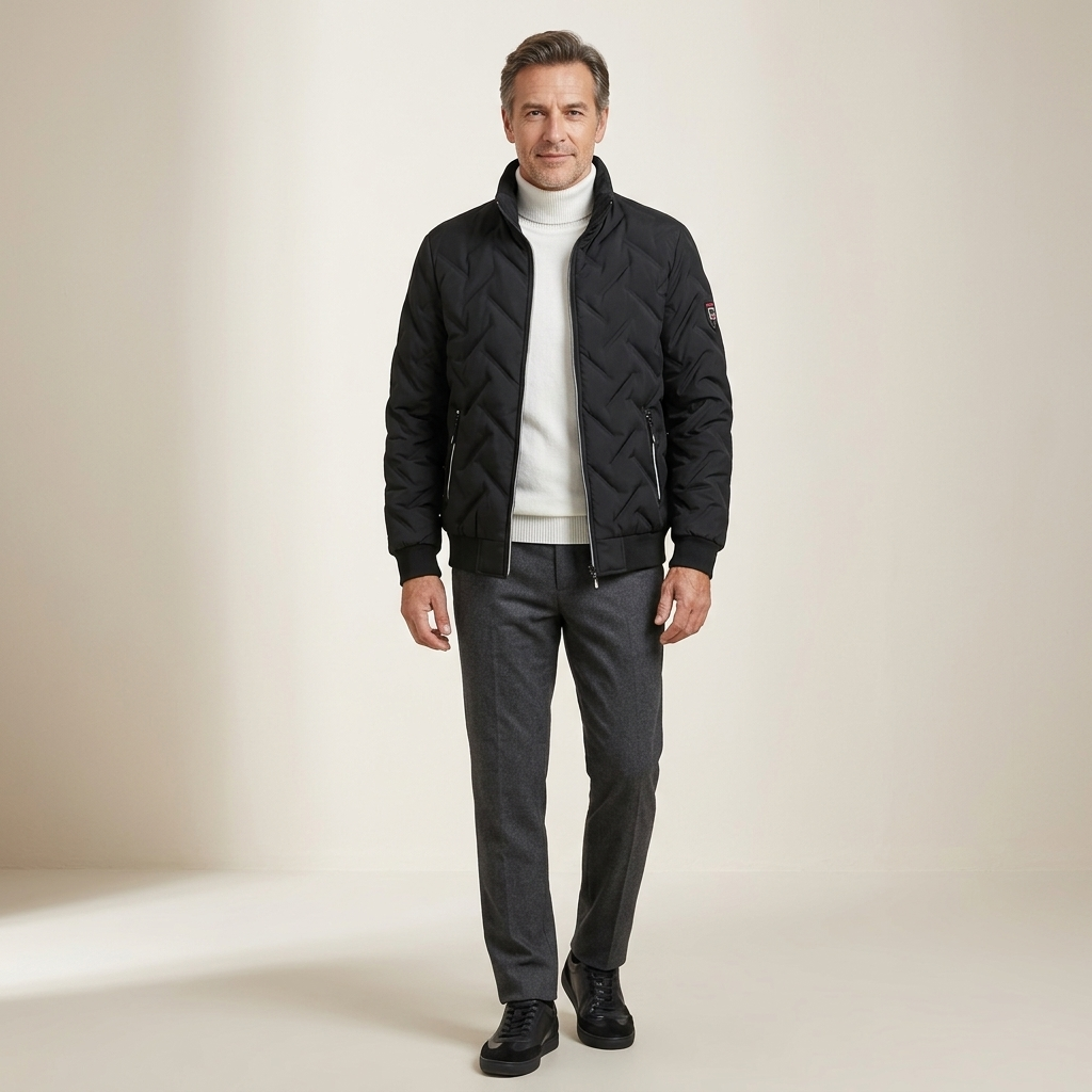 Men's black padded puffer jacket with full-zip, stand collar, quilted insulation.