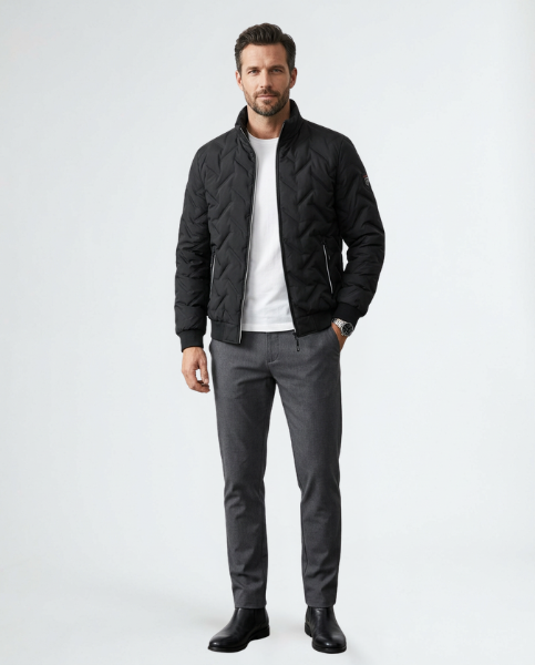 Black chevron-quilted puffer jacket with full-zip front; worn over a white tee.