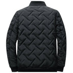 Black puffer jacket back view with chevron quilting and full-zip stand collar.