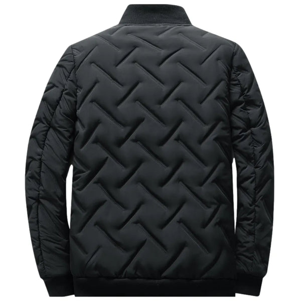 Black puffer jacket back view with chevron quilting and full-zip stand collar.