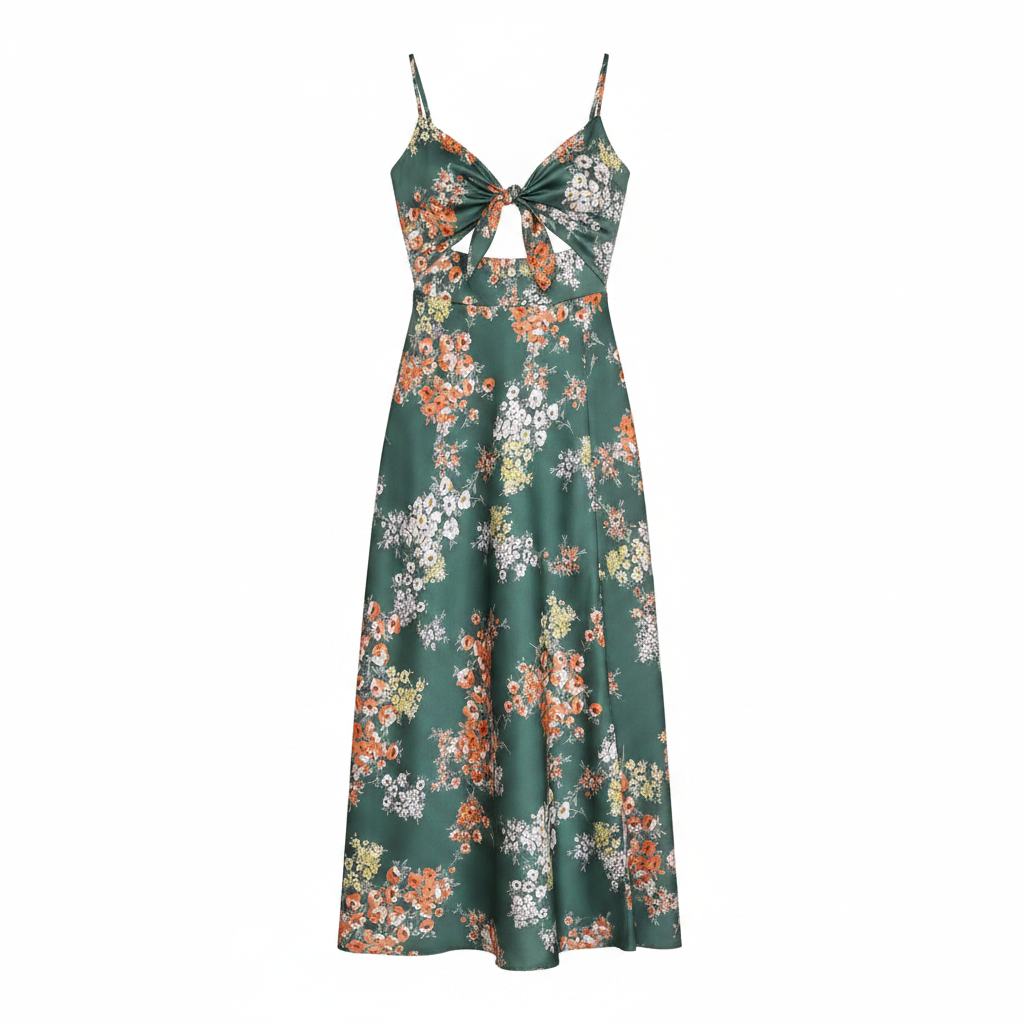 Green floral sleeveless maxi dress with thin straps and front bow-tie detail