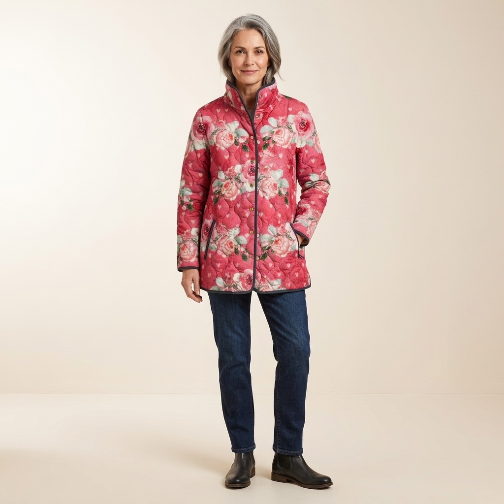 Women's quilted puffer jacket in pink with floral print, full-zip front and stand collar